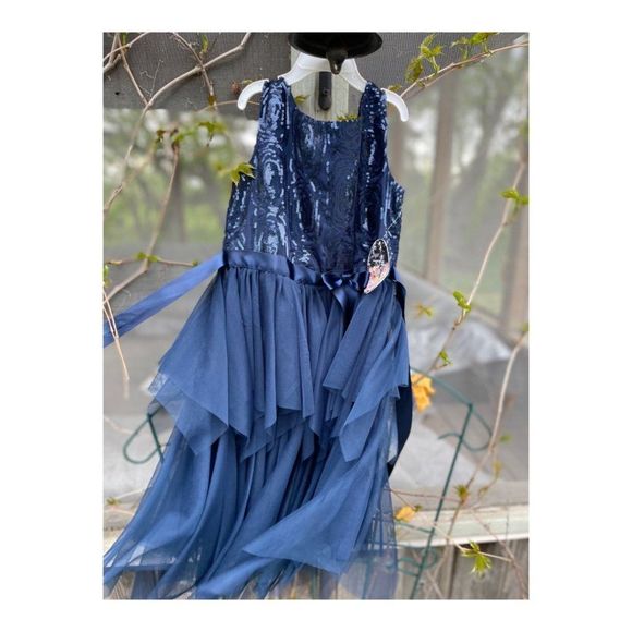 Dark Blue Party Tank Dress Sequins Handkerchief Tiered Hemline Sz 7 Youth - Picture 8 of 13